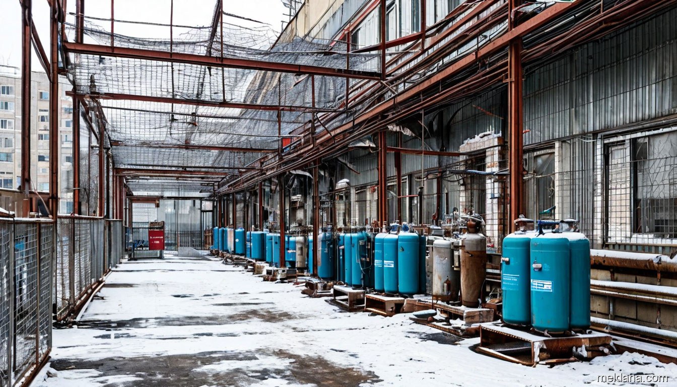 Площадка кислородных баллонов больницы под защитной сетчатой конструкцией
